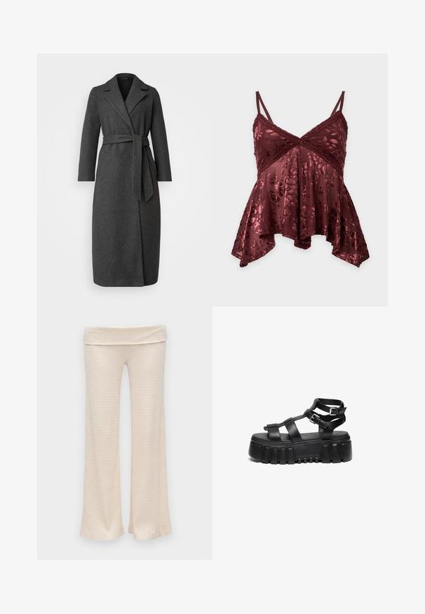 Lang mørk grå uldblandingsfrakke med krave, bæltet talje og sideskår. Glat tekstur med minimal detaljering på lommerne.; Bourgogne blomsterblonde camisole med spaghetti stropper og asymmetrisk kant, med transparent og fløjlsagtig tekstur.; Cremefarvede ribstrikkede vidde bukser med ombukket taljebånd, vist på en hvid baggrund.; Sorte platform sandaler har lagdelte stropper og spænde detaljer, med en chunky, struktureret sål og et glat fodsengdesign.