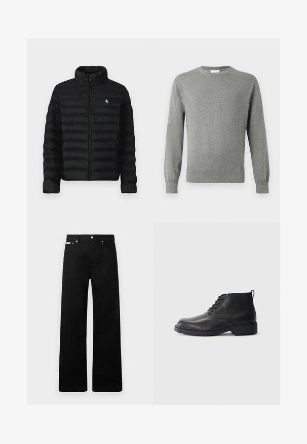 Chaqueta acolchada negra con cuello alto, cierre frontal con cremallera y bolsillos laterales. Presenta un patrón acolchado y un pequeño logo blanco en el pecho.; Calvin Klein Jersey de punto - medium grey; Pantalones de mezclilla negros con un diseño de pierna ancha, que cuentan con cinco bolsillos y herrajes de botón metálico. Textura suave, sin patrones visibles.; Botas de cuero negro con acabado texturizado, puntera redonda, cordones en la parte frontal y suela de goma resistente. Presenta una pequeña lengüeta en la parte trasera.