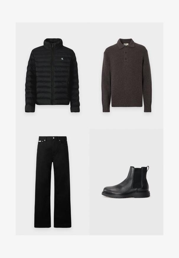 Sort dunjakke med høj krave, lynlås foran og sidelommer. Har quiltet mønster og lille hvidt logo på brystet.; Mørkebrun strikket pullover med krave, tre-knaps plade og ribstrikkede manchetter og kant. Har et tekstureret mønster med prikker.; Sorte denimbukser med bred ben-design, der har fem lommer og metallisk knapdetalje. Glat tekstur, uden synlige mønstre.; Sorte læder chelsea støvler med tekstureret finish, elastiske sidepaneler og en robust gummisål. Subtil branding på hælen.