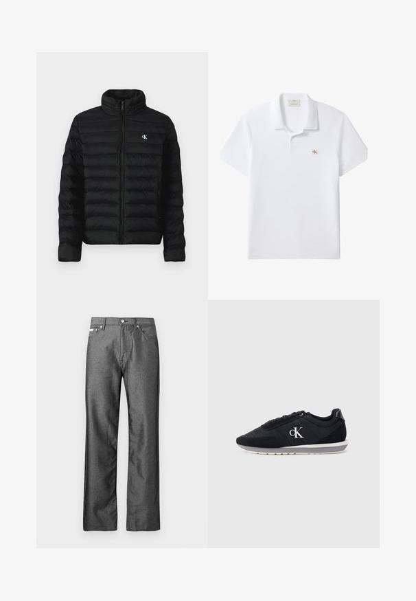 Sort dunjakke med høj krave, lynlås foran og sidelommer. Har quiltet mønster og lille hvidt logo på brystet.; Hvid polo t-shirt med korte ærmer, krave, to-knaps lukning og lille Calvin Klein logo patch på venstre bryst.; Grå denimjeans med lige ben, fem lommer samt metal knapper og nitter. Har en diskret tekstur.; Sorte atletik sko med en blanding af glatte og teksturerede materialer, med et diskret logo på siden og en hvid ydersål.