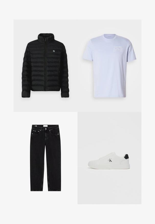 Sort dunjakke med høj krave, lynlås foran og sidelommer. Har quiltet mønster og lille hvidt logo på brystet.; Lyseblå bomulds T-shirt med rund hals. Forsiden har hvid tekst: "Calvin Klein 205 WEST 39TH STREET NEW YORK CITY 10018." Korte ærmer.; Sorte denim jeans med lige pasform, let slidte teksturer, fem lommer og sølvfarvede detaljer. Mærke på taljebåndet.; Hvide sneakers med glat læderoverdel, rund tå, sort hælende accent og "CK" logo på siden. Har snørebåndsdesign og flad sål.