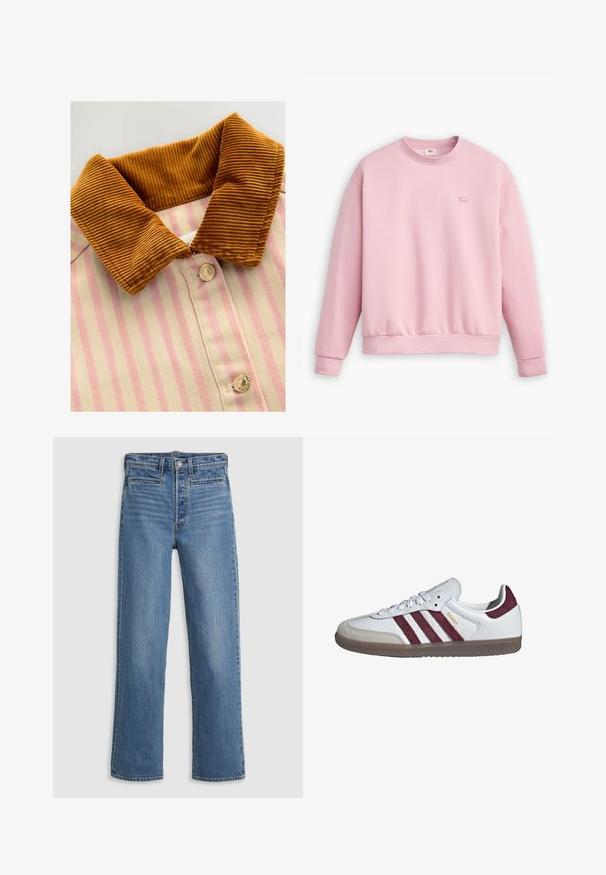 Skjorte med krave i brun kordfløjl, pink og creme lodrette striber samt metalknapper. Teksturen kontrasterer mellem kraven og kroppen.; Lyserød crewneck sweatshirt lavet af blødt stof. Ribstrikkede håndled og kant. Lille logo syet på brystet. Casual, afslappet pasform.; Lys blå, lige ben jeans lavet af denim. Funktioner inkluderer en knaplukning, fem lommer og diskret slid. Ingen udsmykninger eller mønstre.; Hvid lavtop Adidas Samba sneaker med vinrøde striber, beige ruskindets forfod og gummisål.