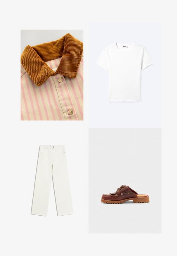 Skjorte med krave i brun kordfløjl, pink og creme lodrette striber samt metalknapper. Teksturen kontrasterer mellem kraven og kroppen.; Ensfarvet hvid t-shirt med korte ærmer og rund halsudskæring med en lille "WEEKDAY" label indeni halskanten, vist fladt på en lys baggrund.; Hvide jeans med højt liv og lige ben, med forlommer og knaplukning på hvid baggrund.; Brun læderslipsko i mokkasin-stil med dekorative snørebånd, guldøjer og en tekstureret gummisål.