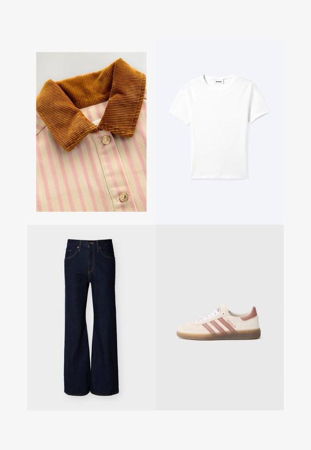 Geknoopt shirt met een bruine corduroy kraag, roze en crèmekleurige verticale strepen en metalen knopen. Textuurverschillen tussen kraag en lichaam.; Effen wit T-shirt met korte mouwen en ronde hals met een klein "WEEKDAY" label aan de binnenkant van de hals, plat neergelegd op een lichte achtergrond.; Donkerblauwe spijkerbroek met hoge taille, wijd uitgesneden pijpen, voorzakken, knoop- en ritssluiting.; Beige suède sneaker met roze accenten, drie roze strepen, witte veters en een doorzichtige bruine zool. "Spezial" branding aan de zijkant.