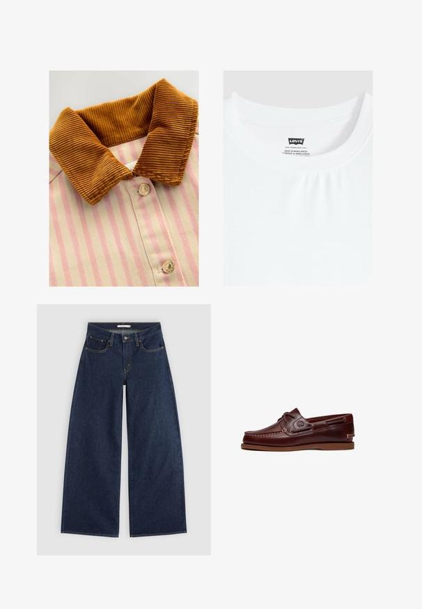 Geknoopt shirt met een bruine corduroy kraag, roze en crèmekleurige verticale strepen en metalen knopen. Textuurverschillen tussen kraag en lichaam.; Wit t-shirt met ronde hals met het Levi's merkje aan de binnenkant van de kraag genaaid, gemaakt in Bangladesh.; Donkerblauwe wijde spijkerbroek met voorzakken, riemlussen en knoopsluiting, plat gelegd op een lichte achtergrond.; Bruine leren boot schoen met veters, stiksel details en Timberland-logo aan de zijkant, weergegeven op een witte achtergrond.