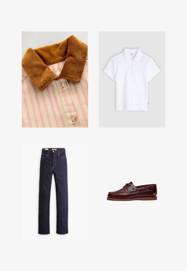 Skjorte med krave i brun kordfløjl, pink og creme lodrette striber samt metalknapper. Teksturen kontrasterer mellem kraven og kroppen.; Hvid kortærmet ribbet poloshirt med krave og fire knapper, lagt fladt ud på en lysegrå baggrund.; Mørkeblå straight-leg denim jeans med fem lommer og synlig orange syning på hvid baggrund.; Brun læder bådsko med snørre, syningsdetaljer og Timberland-logo på siden, vist på en hvid baggrund.