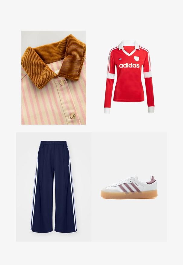 Geknoopt shirt met een bruine corduroy kraag, roze en crèmekleurige verticale strepen en metalen knopen. Textuurverschillen tussen kraag en lichaam.; Rode lange mouwen voetbalshirt met een witte kraag en manchetten. Heeft drie witte strepen op de schouders en het "adidas" logo prominent weergegeven.; adidas Originals PANT - Trainingsbroek - night indigo; Witte lage sneaker met een bruine gumzool, mauve suède strepen en hielaccenten, met het label "SAMBA" op het zijpaneel.