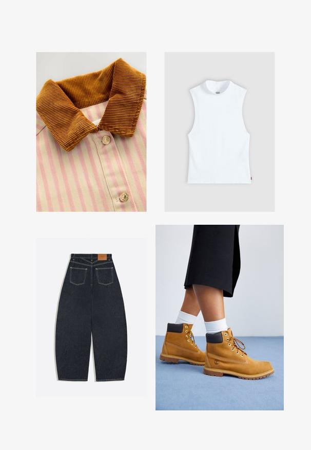 Geknoopt shirt met een bruine corduroy kraag, roze en crèmekleurige verticale strepen en metalen knopen. Textuurverschillen tussen kraag en lichaam.; Wit mouwloos katoenen top met hoge ronde hals en klein Levi's-label aan de zijkant, weergegeven tegen een lichtgrijze achtergrond.; Donkerblauwe denim jeans met wijde pijpen, gezien van achteren met twee opgestikte zakken en een bruin leren merklabel op de tailleband.; Tan suède enkellaarsjes met bruine leren accenten, gouden oogjes en een getextureerde zool. Witte sokken zichtbaar boven de laarsjes.