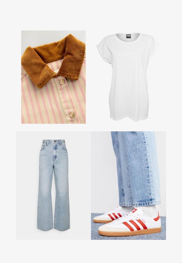 Geknoopt shirt met een bruine corduroy kraag, roze en crèmekleurige verticale strepen en metalen knopen. Textuurverschillen tussen kraag en lichaam.; Witte kortomoto T-shirt van katoen, met een ontspannen pasvorm, wijde halslijn en een minimalistisch ontwerp zonder patronen of accenten.; Lichtblauwe denim broek met wijde pijpen, hoge taille, klassiek vijfzakkenontwerp en contrasterende stiksels. Rauwe zoom aan de onderkant.; Witte leren sneakers met rode strepen en accenten. Voorzien van een getextureerde gumrubberen outsole en een gevoerde kraag. Draag ze met lichtblauwe denim.