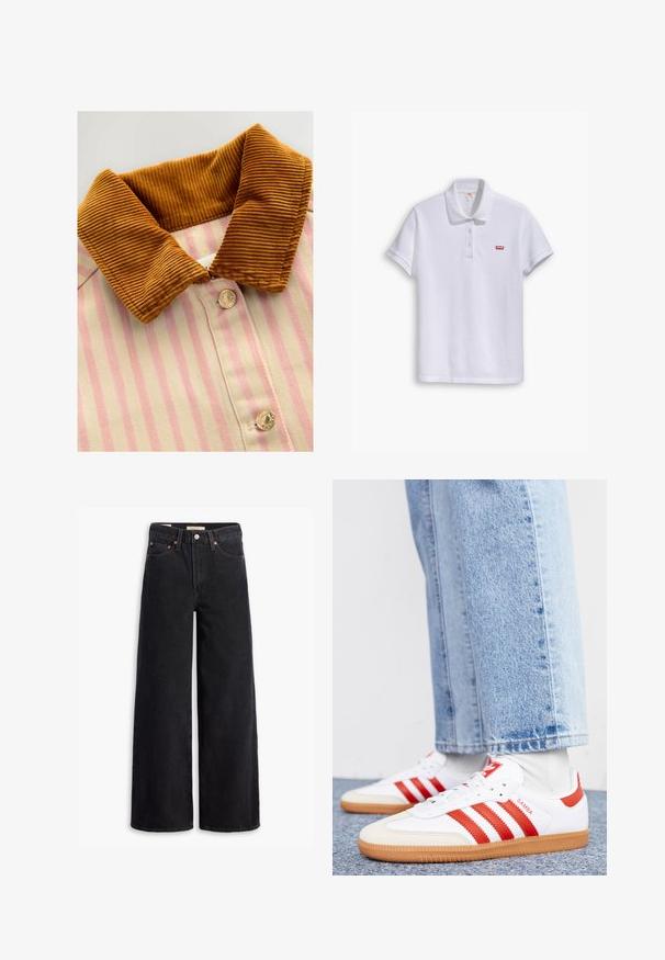 Skjorte med krave i brun kordfløjl, pink og creme lodrette striber samt metalknapper. Teksturen kontrasterer mellem kraven og kroppen.; Hvid polo t-shirt lavet af bomuld, med en klassisk krave, tre-knaps placket og et lille rødt Levi's logo på venstre bryst.; Sorte brede benjeans lavet af denim, med fem lommer, kobbernitter og en klassisk knaplukning. Glat tekstur med et rent design.; Hvide lædersneakers med røde striber og accenter. Har en tekstureret gummisål og polstret krave. Bæres med lyseblå denim.