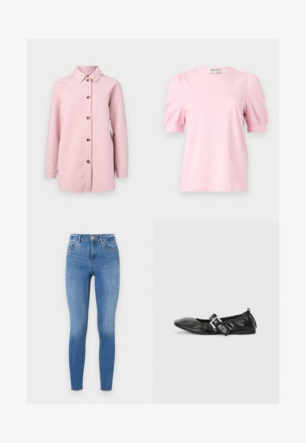 Camisa chaqueta de botón de color rosa claro, hecha de una tela suave, con cuello, mangas largas y seis botones marrones en el frente.; Camiseta rosa con mangas cortas abullonadas, cuello redondo, fabricada en un tejido suave. Diseño simple sin patrones ni acentos.; Pantalones vaqueros ajustados de denim azul claro, con remaches decorativos en la zona del bolsillo delantero y un dobladillo deshilachado en el tobillo.; Zapato plano de piel negra con puntera afilada, detalle fruncido alrededor de la abertura y un acento de hebilla plateada en la correa ajustable.