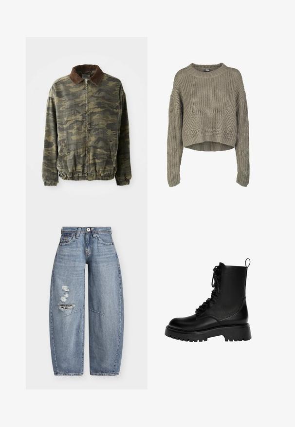 Tarnmusterjacke in Khaki und Dunkelgrün, aus robustem Stoff. Mit einem braunen Cordkragen und elastischen Bündchen sowie Saum.; Olivgrüner, verkürzter Strickpullover mit strukturiertem Muster, rundem Ausschnitt und langen Ärmeln. Dicke Rippstruktur am Saum und an den Bündchen.; Weit geschnittene blaue Jeans aus Denim mit hoher Taille und abgenutzten Rissen am linken Oberschenkel, mit Fronttaschen und Gürtelschlaufen.; Schwarze Schnürstiefelette aus synthetischem Leder, mit einer stabilen Sohle, einer Zuglasche und ausgeprägten Nähdetails.