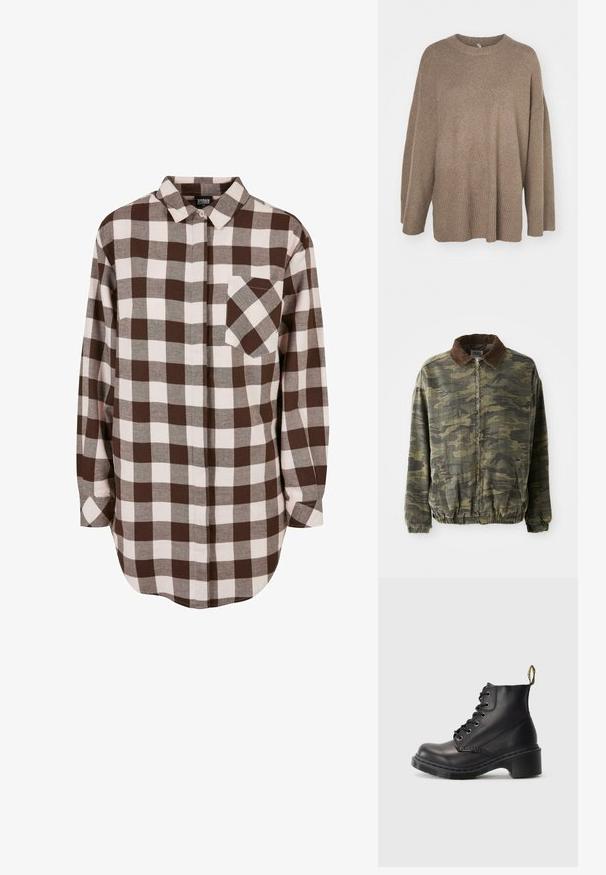 Tarnmusterjacke in Khaki und Dunkelgrün, aus robustem Stoff. Mit einem braunen Cordkragen und elastischen Bündchen sowie Saum.; Brauner übergroßer Pullover mit geripptem Saum, weiten Ärmeln und Rundhalsausschnitt. Weiche Textur, minimalistisches Design ohne Muster.; Braun-weiß kariertes Flanellhemd mit langen Ärmeln, einer Knopfleiste und einer einzigen Brusttasche. Weiche Textur und abgerundeter Saum.; Schwarze Leder-Stiefeletten mit runder Zehenpartie, Schnürdesign und strukturiertem Gummiabsatz. Mit gelbem Schlaufenfutter hinten für ein einfaches Anziehen.