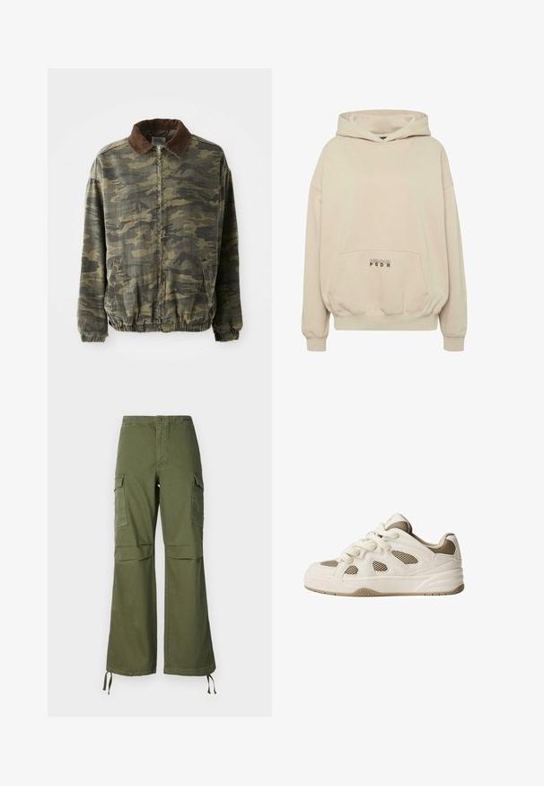 Jasperjack in een camouflagepatroon in kaki en donkergroen, gemaakt van stevige stof. Beschikt over een bruine corduroy kraag en elastische manchetten en zoom.; Beige hoodie met een voorzak, geribbelde boorden en een capuchon met trekkoord. "PECADOR PGDR" tekst gedrukt op het zakgebied.; Olijfgroene cargobroek van katoen, met een brede pijpdesign, twee zijzakken en verstelbare touwen aan de zoom.; Witte en beige sneaker met mesh panelen, ronde neus, dikke zool en vetersluiting. Beschikt over textuuraccenten en een geprofileerde zool.