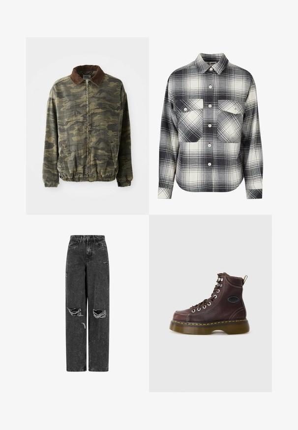 Jasperjack in een camouflagepatroon in kaki en donkergroen, gemaakt van stevige stof. Beschikt over een bruine corduroy kraag en elastische manchetten en zoom.; Geruite flanellen overhemd in zwart, wit en grijs. Beschikt over een knoopsluiting aan de voorkant, twee borstzakken en lange mouwen met knoopmanchetten.; Zwarte high-waist wijde jeans met gescheurde knieën en verwerkte details op een witte achtergrond.; Bruine leren enkelboot met een gestructureerd oppervlak, zilveren ogen en gele stiksels. Voorzien van een stevige doorzichtige zool en een trekband.