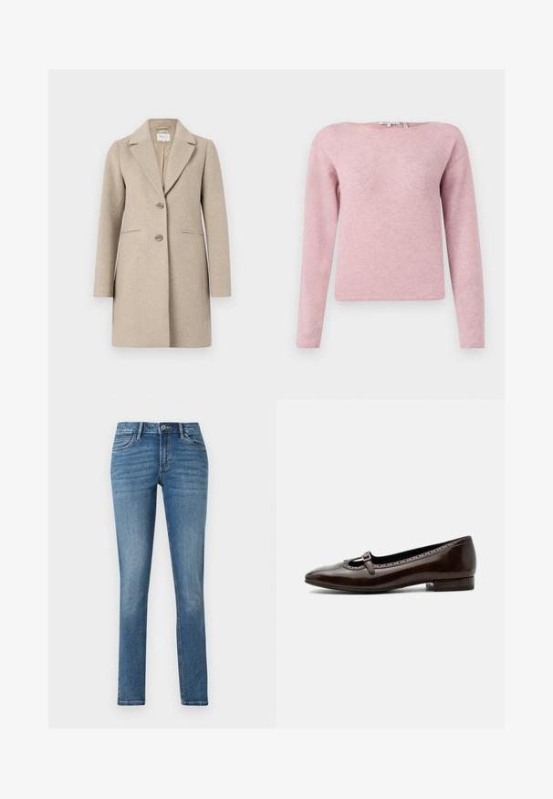 Beige uld-blend frakke med skræddersyet silhuet, slagkrave, to-knaps lukning og sidelommer. Blød tekstur, minimalistisk design.; TOM TAILOR DENIM SOFT BOAT NECK - Striktrøje - antique rose; TOM TAILOR TTLENE SLIM FIT - Jeans Slim Fit - clean mid stone blue denim; Mørkebrun laklæder Mary Jane-sko med lav hæl, rund tå og lille spænde over toppen.