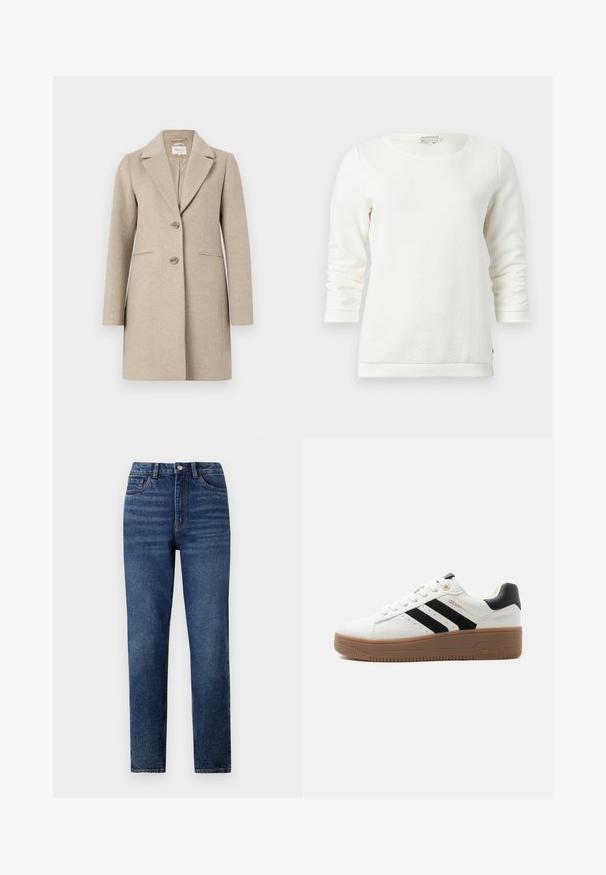 Beige uld-blend frakke med skræddersyet silhuet, slagkrave, to-knaps lukning og sidelommer. Blød tekstur, minimalistisk design.; Hvid langærmet sweatshirt med et tekstureret mønster, rund halsudskæring og ribbede manchetter. Blødt materiale med en afslappet pasform.; Højtaljede blå denimjeans med lige ben, der har subtil slidmærkning, enkelt knaplukning og fem-lomme design.; Hvid lavsko med sorte striber, brun gummiydersål, snørelukning foran og polstret sort hælkappe.