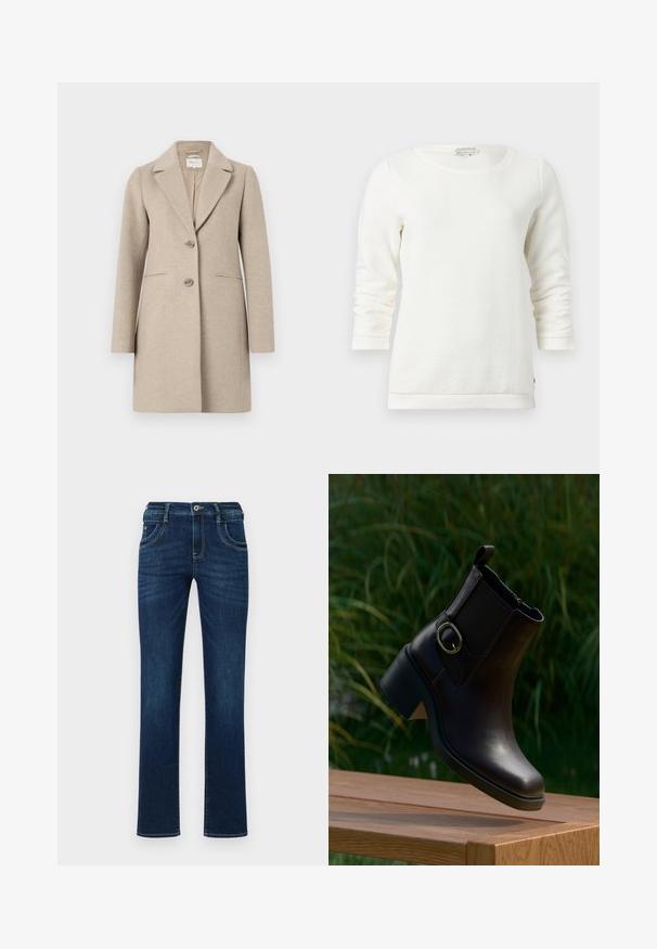 Beige wollen mixjas met een op maat gemaakte silhouet, notch-kraag, sluiting met twee knopen en zijzakken. Gladde textuur, minimalistisch ontwerp.; Witte sweatshirt met lange mouwen, een gestructureerd patroon, ronde halslijn en geribde manchet. Zachte stof met een relaxte pasvorm.; Donkerblauwe denim jeans met een rechte pijp, vijf zakken en een standaard knoopsluiting. Bevat subtiele stikdetails.; Zwarte leren enkellaars met lage hak en zijgesp, drijvend boven een houten oppervlak buiten met een groene achtergrond van bladeren.