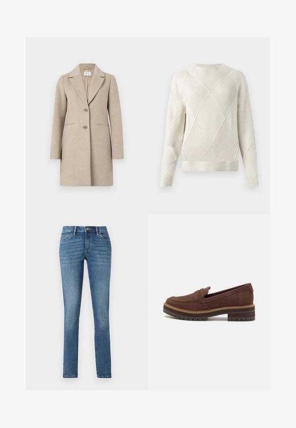 Beige uld-blend frakke med skræddersyet silhuet, slagkrave, to-knaps lukning og sidelommer. Blød tekstur, minimalistisk design.; Cremefarvet strikket sweater med struktureret diamantmønster, rund halsudskæring, ribbede manchetter og kant. Blødt materiale og afslappet pasform.; TOM TAILOR TTLENE SLIM FIT - Jeans Slim Fit - clean mid stone blue denim; TOMS CARA - Loafers - dark brown