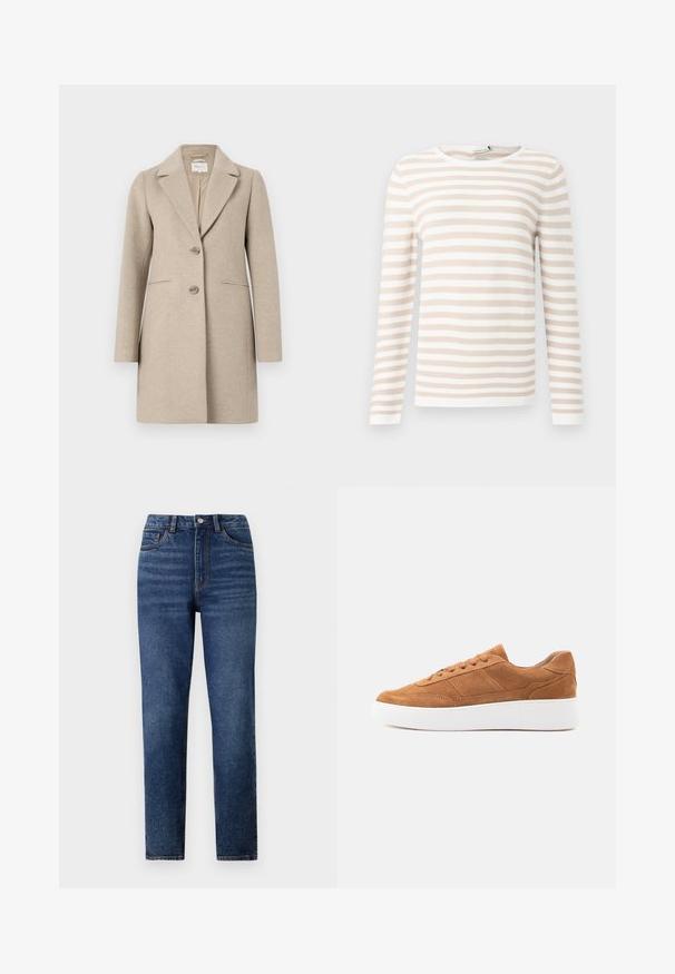 Beige uld-blend frakke med skræddersyet silhuet, slagkrave, to-knaps lukning og sidelommer. Blød tekstur, minimalistisk design.; Langærmet stribet top i beige og hvid, lavet af tekstureret stof med rund halsudskæring og lige skæring forneden.; Højtaljede blå denimjeans med lige ben, der har subtil slidmærkning, enkelt knaplukning og fem-lomme design.; Brun ruskind lavtop-sneakers med snørebånd foran og tyk hvid gummisål, vist i profil på en ensfarvet baggrund.
