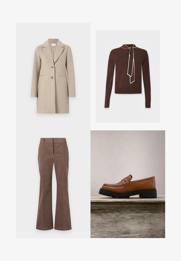 Beige uld-blend frakke med skræddersyet silhuet, slagkrave, to-knaps lukning og sidelommer. Blød tekstur, minimalistisk design.; Brun langærmet sweater med cremefarvet kant på krave, manchetter og bundet halstørklædedetalje, vist mod en lys baggrund.; Brune corduroy lige bukser med frontfold og bæltestropper, præsenteret mod en hvid baggrund.; Brun læderloafer med tyk sort sål svævende over en træoverflade med højt grønt græs i baggrunden.