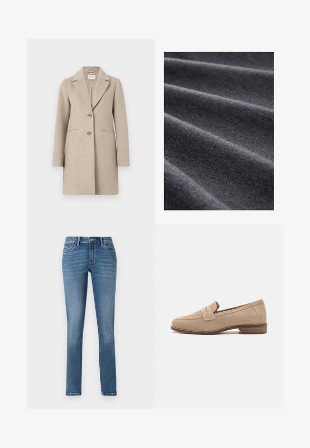 Beige wollen mixjas met een op maat gemaakte silhouet, notch-kraag, sluiting met twee knopen en zijzakken. Gladde textuur, minimalistisch ontwerp.; Donkergrijze stof met een zachte textuur en subtiele ribbels, gerangschikt in zachte plooien, wat de zachte en veelzijdige stof accentueert.; TOM TAILOR TTLENE SLIM FIT - Slim fit jeans - clean mid stone blue denim; Beige suède loafers met een ronde neus, banddetails en een lage, gestapelde houten hak. Gladde textuur met een matte afwerking.