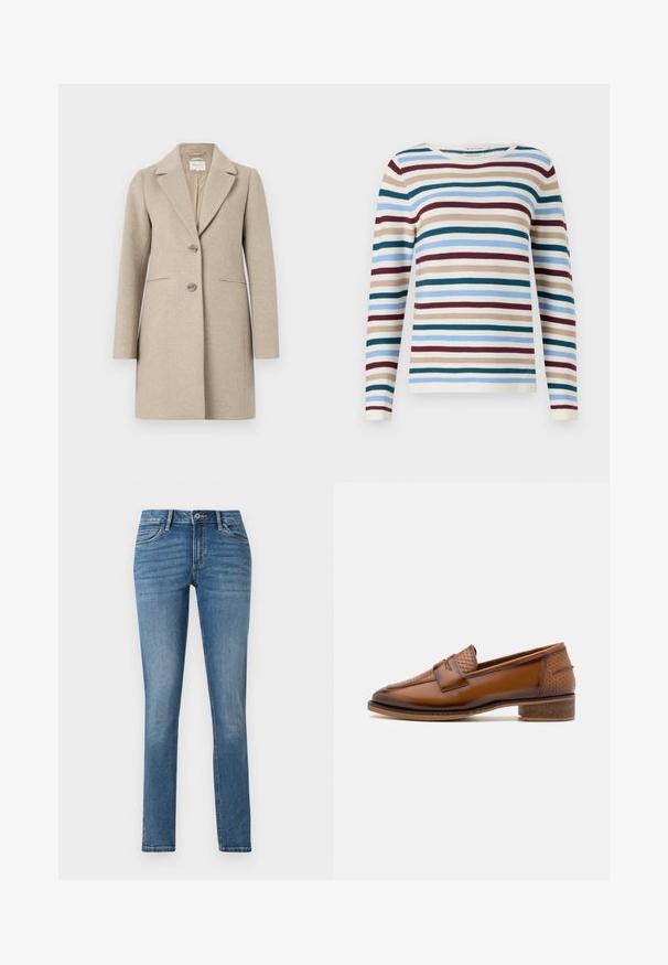 Beige uld-blend frakke med skræddersyet silhuet, slagkrave, to-knaps lukning og sidelommer. Blød tekstur, minimalistisk design.; TOM TAILOR NEW OTTOMAN - Striktrøje - teal-colored; TOM TAILOR TTLENE SLIM FIT - Jeans Slim Fit - clean mid stone blue denim; Brune læder loafers med en struktureret vævet frontpanel, rund tå og lav stablet hæl. Glat finish med diskret stikningsdetalje.