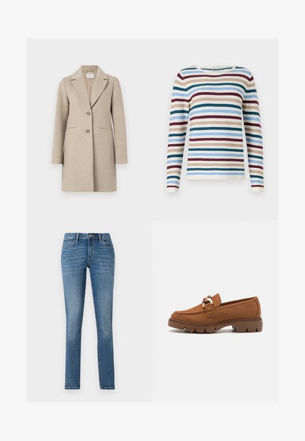 Beige wollen mixjas met een op maat gemaakte silhouet, notch-kraag, sluiting met twee knopen en zijzakken. Gladde textuur, minimalistisch ontwerp.; TOM TAILOR NEW OTTOMAN - Trui - teal-colored; TOM TAILOR TTLENE SLIM FIT - Slim fit jeans - clean mid stone blue denim; Bruine suède instappers met een decoratieve goudkleurige kettingaccent, voorzien van een gestructureerde rubbere zool en een afgeronde neuzen design.