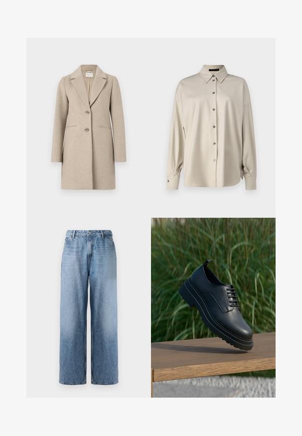 Beige Wollmischungsjacke mit taillierter Silhouette, reverierter Kragen, Zwei-Knopf-Verschluss und Seitentaschen. Glatte Textur, minimalistisches Design.; DRYKORN LYSILA - Hemdbluse - brown; Helle blaue weit geschnittene Denim-Jeans mit hoher Taille, vorderem Knopf und Seitentaschen, vor einem weißen Hintergrund präsentiert.; Schwarzer Schnürschuh aus Leder mit dicker Sohle schwebt über einer Holzbank, grüner Gras-Hintergrund.