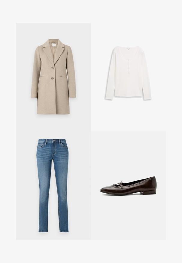 Beige uld-blend frakke med skræddersyet silhuet, slagkrave, to-knaps lukning og sidelommer. Blød tekstur, minimalistisk design.; Hvid ribbet langærmet top med rund halsudskæring og en delvis knaplukning. Blød tekstur, tætsiddende design og minimalistisk stil.; TOM TAILOR TTLENE SLIM FIT - Jeans Slim Fit - clean mid stone blue denim; Mørkebrun laklæder Mary Jane-sko med lav hæl, rund tå og lille spænde over toppen.