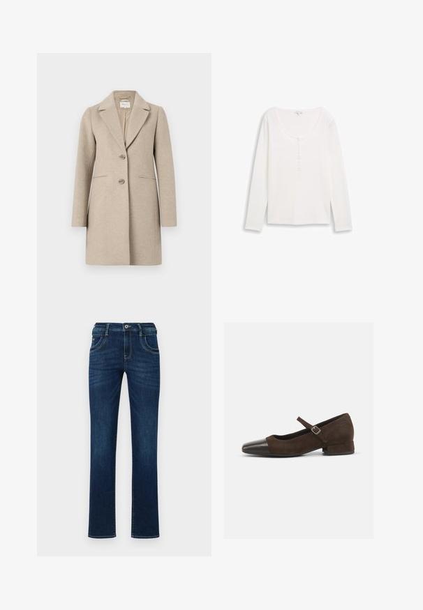 Beige wollen mixjas met een op maat gemaakte silhouet, notch-kraag, sluiting met twee knopen en zijzakken. Gladde textuur, minimalistisch ontwerp.; Witte geribde langemouwen top met een ronde halslijn en een gedeeltelijke knopenlijst. Zachte textuur, aansluitend ontwerp en minimalistische stijl.; Donkerblauwe denim jeans met een rechte pijp, vijf zakken en een standaard knoopsluiting. Bevat subtiele stikdetails.; Bruine suède Mary Jane-schoen met een zwarte lakleren neuskap, een verstelbare band en een lage blokhak. Gladde textuur met minimale accenten.