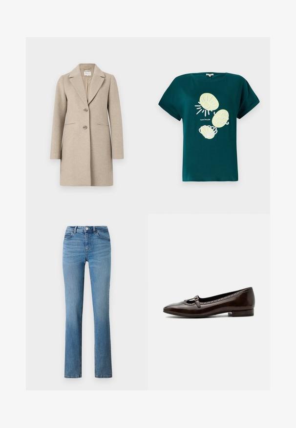 Beige wollen mixjas met een op maat gemaakte silhouet, notch-kraag, sluiting met twee knopen en zijzakken. Gladde textuur, minimalistisch ontwerp.; Teal katoenen t-shirt met een afbeelding van een zon en schelpen in lichtgeel en wit, met een relaxte pasvorm en opgerolde mouwen.; Lichtblauwe denim jeans met een rechte pijp, voorzien van een ritssluiting, knoopsluiting en gestikte zakken aan de voor- en achterkant.; Donkerbruine lakleren Mary Jane-schoen met lage hak, afgeronde neus en een klein gespsluiting over de wreef.
