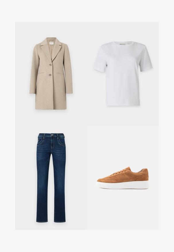Beige wollen mixjas met een op maat gemaakte silhouet, notch-kraag, sluiting met twee knopen en zijzakken. Gladde textuur, minimalistisch ontwerp.; Witte t-shirt met korte mouwen van gladde katoen. Heeft een ronde halslijn en rechte zoom, zonder patronen of versieringen.; Donkerblauwe denim jeans met een rechte pijp, vijf zakken en een standaard knoopsluiting. Bevat subtiele stikdetails.; Bruine suède lage sneaker met veters aan de voorkant en dikke witte rubberen zool, zijaanzicht tegen een effen achtergrond.