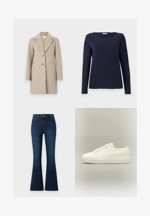 Beige wollen mixjas met een op maat gemaakte silhouet, notch-kraag, sluiting met twee knopen en zijzakken. Gladde textuur, minimalistisch ontwerp.; Navy lange mouwen t-shirt, ronde halslijn, zachte stof, ontspannen pasvorm, geen zichtbare patronen of versieringen, eenvoudige en gladde textuur.; TOM TAILOR STELLA donkerblauw denim; Witte lage canvas sneaker met veters aan de voorkant en dikke, getextureerde rubberen zool op een neutrale achtergrond.