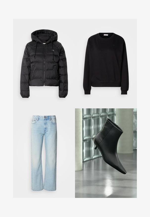 Calvin Klein Jeans LIGHTWEIGHT LOGO PUFFER - Winterjas - black; Zwarte sweatshirt gemaakt van zacht materiaal, met een ronde hals, ribgebreide manchetten en een klein CK-logo op de borst. Eenvoudig, minimalistisch ontwerp.; Lichtblauwe wijde jeans van denim, voorzien van een klassiek vijf-pocket ontwerp en een subtiele vervaagde textuur. Denimstiksels zijn zichtbaar.; Zwarte leren enkellaars met spits toelopende neus en lage kittenhak, schuin weergegeven tegen een gepolijste vloer en een glazen blokken muur als achtergrond.