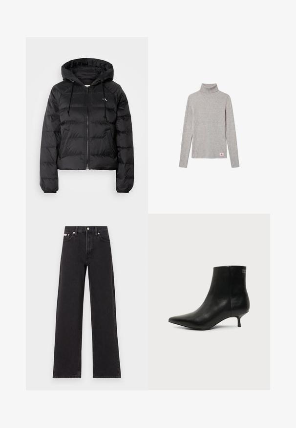 Calvin Klein Jeans LIGHTWEIGHT LOGO PUFFER - Zimná bunda - black; Svetlosivý rebrovaný rolák s dlhým rukávom a malou červeno-bielou nášivkou CK blízko spodného lemu.; Čierne široké džínsy vyrobené z denimu, s vysokým pásom, piatimi vreckami a kovovým zapínaním s kontrastným šitím.; Čierna kožená členková šnúrovacia obuv s ostrou špičkou a nízkym kitten podpätkom na svetlom pozadí, pohľad z vonkajšej strany.
