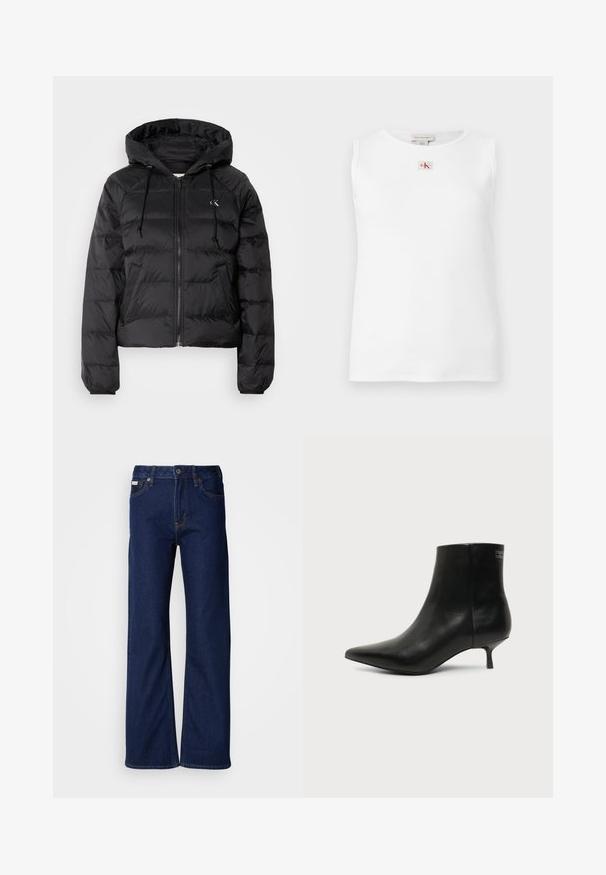 Calvin Klein Jeans LIGHTWEIGHT LOGO PUFFER - Vinterjakker - black; Hvid ærmeløs top med ribstruktur og et lille rødt og sort Calvin Klein-logo centreret under halsudskæringen.; Mørkeblå denimjeans med vidbenet design, lige snit, fem lommer og lynlås foran. Syning detaljer langs sømmerne.; Sort læder ankelstøvle med spids tå og lav kitten hæl på lys baggrund, der viser yderside.
