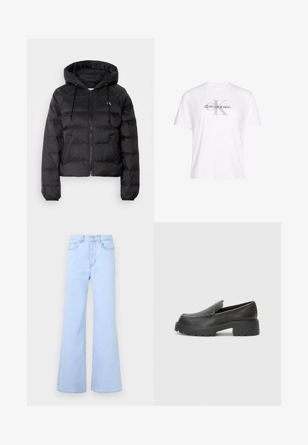 Calvin Klein Jeans LIGHTWEIGHT LOGO PUFFER - Vinterjakker - black; Hvid bomulds-T-shirt med korte ærmer, med et gråt trykt "Calvin Klein"-logo og et fremtrædende "K"-design i midten.; Lyseblå flagrende jeans med høj talje, der har fem lommer, knaplukning og en glat denimstruktur. Kanten er pænt syet.; Sorte læder loafers med rund tå, tyk tekstureret sål og minimale syninger. Elegant design uden synlige snørebånd eller hardware.