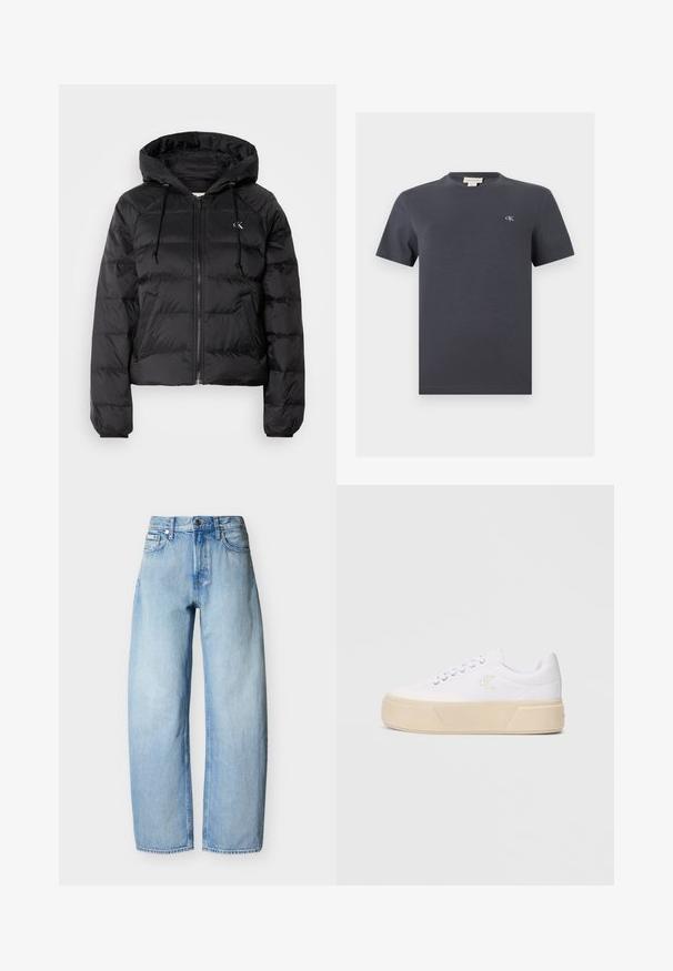 Calvin Klein Jeans LIGHTWEIGHT LOGO PUFFER - Vinterjakker - black; Mørkegrå kortærmet bomuld t-shirt med rund hals og lille hvid "cK" logo på venstre bryst samt mærke indeni kraven.; Lyseblå straight-leg denim jeans med fem lommer, bæltestropper og lukning med knap foran.; Hvide kanvas sneakers med en kraftig beige platformsål, der har et diskret broderet logo på siden og klassisk snørebåndsdesign.