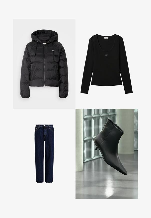 Calvin Klein Jeans LIGHTWEIGHT LOGO PUFFER - Vinterjakker - black; Sort langærmet ribbet top med rund halsudskæring og lille Calvin Klein logo patch centreret på brystet.; Mørkeblå denim jeans med lige ben-design, der har høj talje, fem-lomme-stil og kontrastsyninger. Ingen dekorationer.; Sort læderankelstøvle med spids tå og lav kitten-hæ, vist vinklet mod en poleret gulv- og glasblokvæg.