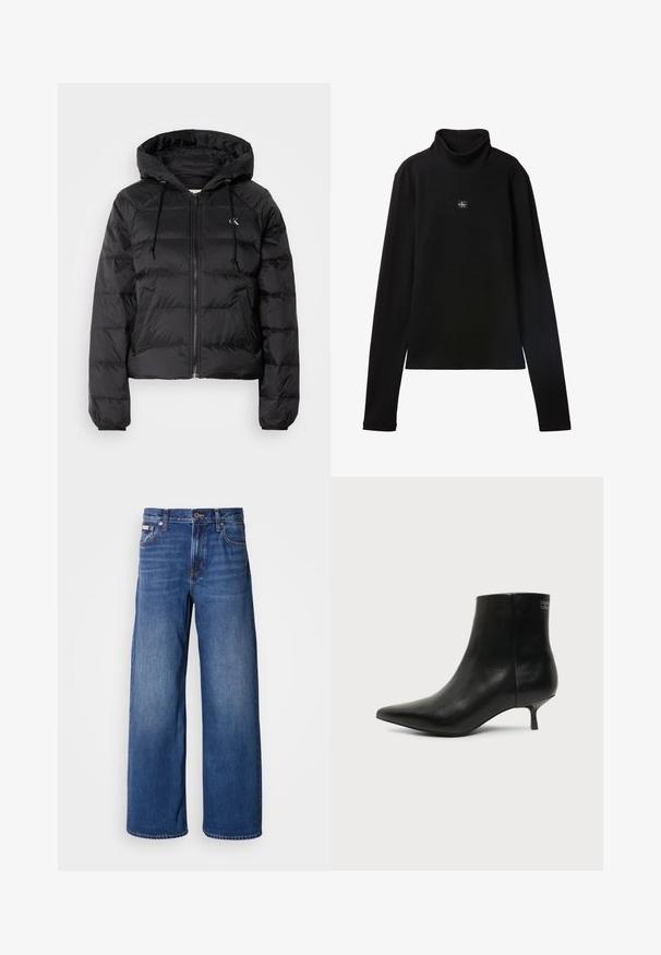 Calvin Klein Jeans LIGHTWEIGHT LOGO PUFFER - Vinterjakker - black; Sort ribstrikket bluse med lange ærmer og lille firkantet Calvin Klein-logo placeret centralt på brystet.; Bredde denim jeans i mørkeblå med høj talje, fem lommer og subtil falmning langs fronten for ekstra tekstur og detaljer.; Sort læder ankelstøvle med spids tå og lav kitten hæl på lys baggrund, der viser yderside.