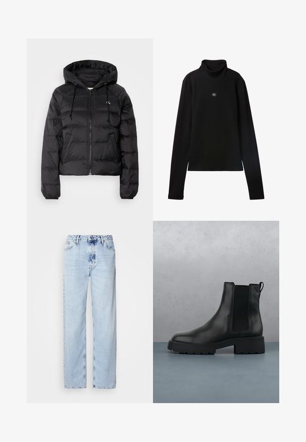 Calvin Klein Jeans LIGHTWEIGHT LOGO PUFFER - Zimná bunda - black; Čierny rebrovaný top s dlhým rukávom a rolákom s malou štvorcovou nášivkou s logom Calvin Klein uprostred na hrudi.; Svetlomodré široké džínsy vyrobené z denimu, s vysokým pásom, vyblednutým umývaním a jemným vzorom batikovania na prednej strane.; Čierne kožené Chelsea čižmy s elastickými bočnými panelmi, textúrovaným povrchom a robustnou podrážkou, umiestnené nad hnedými drevenými dlaždicami s kamienkami.
