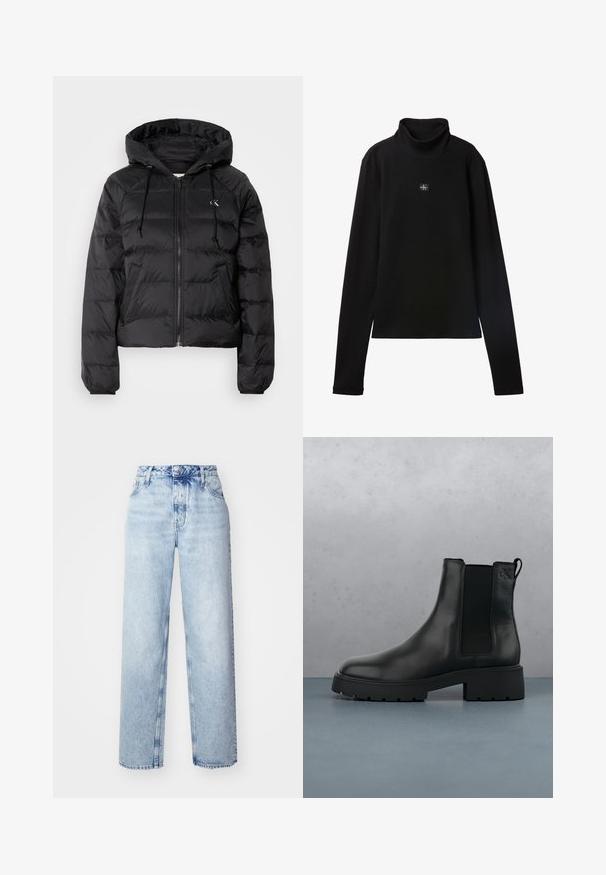Calvin Klein Jeans LIGHTWEIGHT LOGO PUFFER - Vinterjakker - black; Sort ribstrikket bluse med lange ærmer og lille firkantet Calvin Klein-logo placeret centralt på brystet.; Lyseblå højtaljede jeans med løs pasform, der har lige ben, fem lommer og en klassisk knap- og lynlåslukning.; Sort læder Chelsea-boot med elastiske sidepaneler, tekstureret finish og en robust sål, placeret over brune træfliser med småsten.