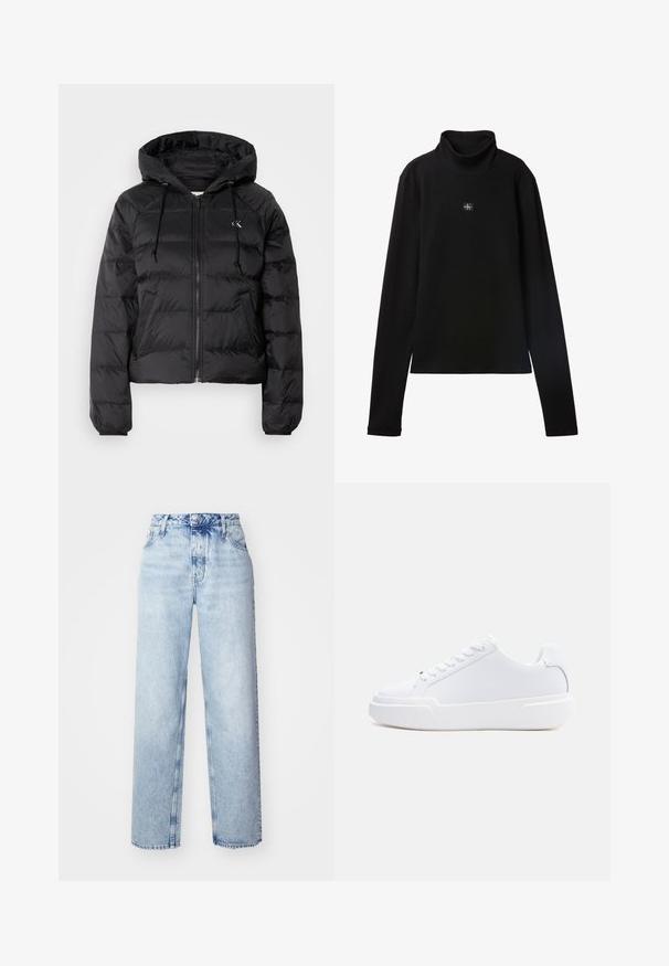 Calvin Klein Jeans LIGHTWEIGHT LOGO PUFFER - Vinterjakker - black; Sort ribstrikket bluse med lange ærmer og lille firkantet Calvin Klein-logo placeret centralt på brystet.; Lyseblå højtaljede jeans med løs pasform, der har lige ben, fem lommer og en klassisk knap- og lynlåslukning.; Hvid lavtop-sneaker med snørelukning, tyk sål og glat overdel, vist fra ydersiden mod en ensartet lys baggrund.