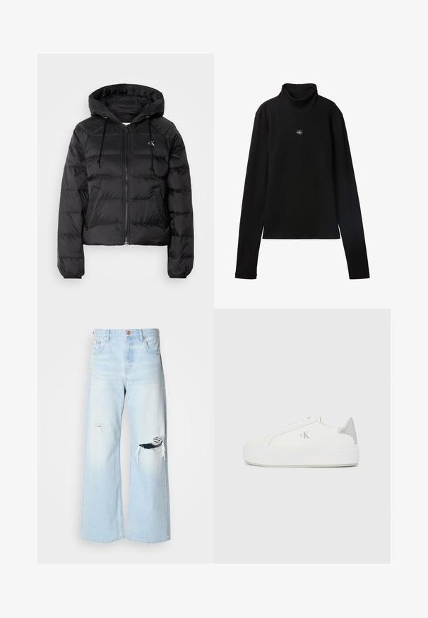 Calvin Klein Jeans LIGHTWEIGHT LOGO PUFFER - Zimná bunda - black; Čierny rebrovaný top s dlhým rukávom a rolákom s malou štvorcovou nášivkou s logom Calvin Klein uprostred na hrudi.; Svetlomodré široké džínsy vyrobené z denimovej látky, so zvýšeným pásom, veľkými trhlinami na kolenách a klasickým dizajnom s piatimi vreckami a medenými kovovými prvkami.; Biele plátené tenisky s hrubou bielou podrážkou, so strieborným kovovým akcentom na päte a jemným logom na boku.