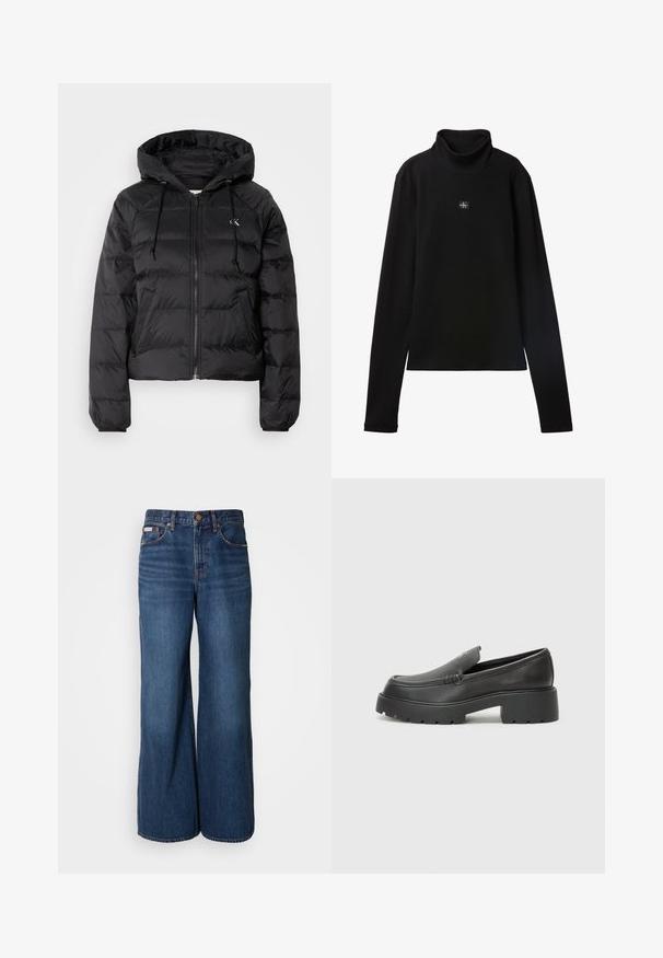 Calvin Klein Jeans LIGHTWEIGHT LOGO PUFFER - Winterjas - black; Zwarte geribde coltrui met lange mouwen en een klein vierkant Calvin Klein-logo midden op de borst.; Wijdvallende jeans van donkerblauwe denim. Kenmerken zijn een hoge taille, vijf zakken en contrasterende oranje stiksels langs de naden.; Zwarte leren instappers met een ronde neus, dikke getextureerde zool en minimale stikseldetails. Strak ontwerp zonder zichtbare veters of hardware.