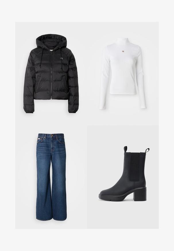 Calvin Klein Jeans LIGHTWEIGHT LOGO PUFFER - Chaqueta de invierno - black; Top de cuello alto de manga larga en color blanco, hecho de material acanalado. Presenta un pequeño logo bordado en el centro. Diseño ajustado y sin patrones.; Vaqueros de pierna ancha hechos de denim azul oscuro. Incluyen una cintura alta, cinco bolsillos y costuras en contraste de color naranja a lo largo de las costuras.; Botín negro de tobillo hecho de un material de goma liso, con paneles laterales elásticos, tacón bloque y tiradores en la parte superior para facilitar su uso.