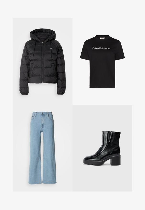 Calvin Klein Jeans LIGHTWEIGHT LOGO PUFFER - Zimná bunda - black; Čierne tričko s krátkym rukávom s bielym textom "Calvin Klein Jeans" umiestneným na strede hrudníka a okrúhlym výstrihom.; Svetlomodré široké džínsy vyrobené z denimu, s upnutým pásom, piatimi vreckami a jemnými švovými detailmi.; Čierne lakované členkové topánky s zakrivenou špičkou, elastickými bočnými panelmi a masívnym blokovým opätkom. S embosovaným logom na zadnej strane.