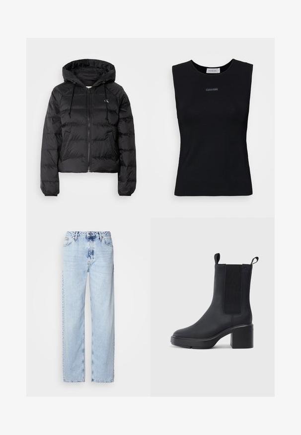 Calvin Klein Jeans LIGHTWEIGHT LOGO PUFFER - Talvejope - black; Must suletud tipp, mis on valmistatud siledast kangast. Omab ümmargust kaelust ja keskel väikest Calvin Kleini logo. Lihtne ja järgnev disain.; Heledad sinise värvi laiad teksad, mis on valmistatud denimist, kõrge vöökoht, pleekinud pesu ja peen tie-dye muster ettepoole.; Mustad musta värvi saabas sujuvast kummimaterjalist, elastsete külgpaneelidega, plokkninale ja tõmbetega ülaosas, et kergesti jalga panna.