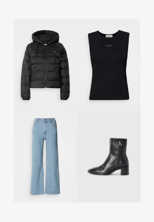 Calvin Klein Jeans LIGHTWEIGHT LOGO PUFFER - Winterjas - black; Zwart mouwloos topje gemaakt van gladde stof. Heeft een ronde halslijn en een klein Calvin Klein-logo in het midden. Eenvoudig en aansluitend ontwerp.; Lichtblauwe wijde jeans van denim, met een aansluitende taille, vijf-pocket ontwerp en subtiele stiksels.; Zwarte leren enkellaars met een spitse neus, blokhak en een bandje met een metallic logo. Gladde textuur en minimalistisch ontwerp.
